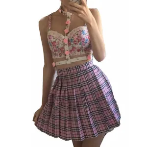 Hot Midi Pleated Women Skirts High Waist Pink A-Line Short Skirts Uniforms School Tartan Plaid Skirt Saias