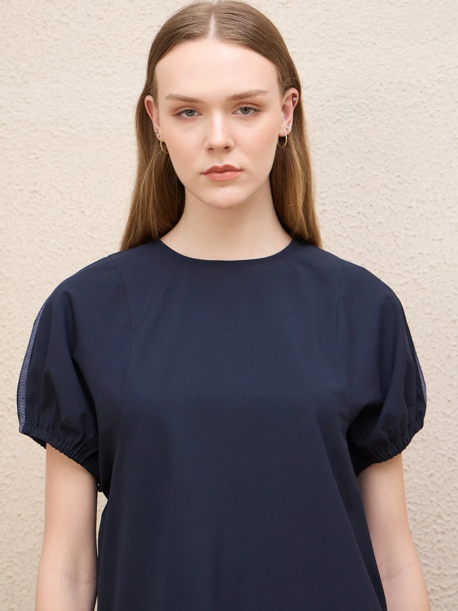 Iconic Women Blue Solid Round Neck Top