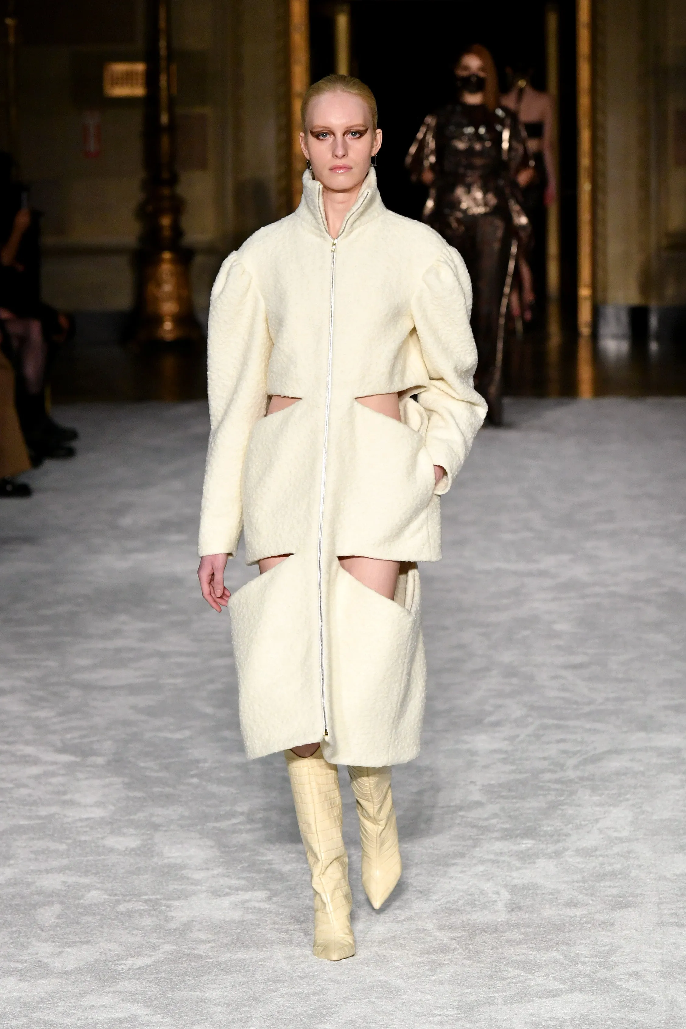 Ivory Boucle Cut-Out Mid-Length Coat