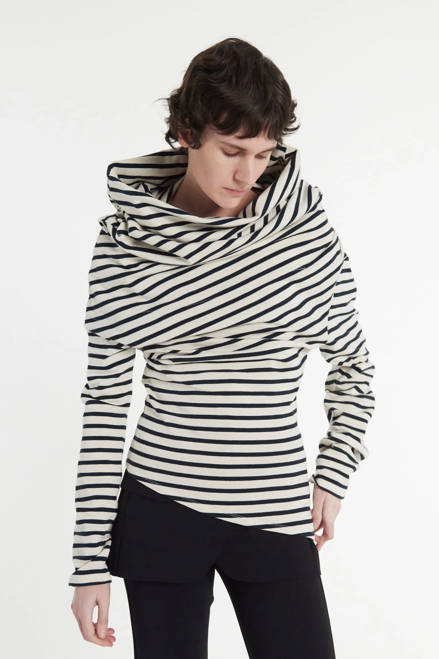 Jersey Cowl Neck Draped Top White Navy Stripe