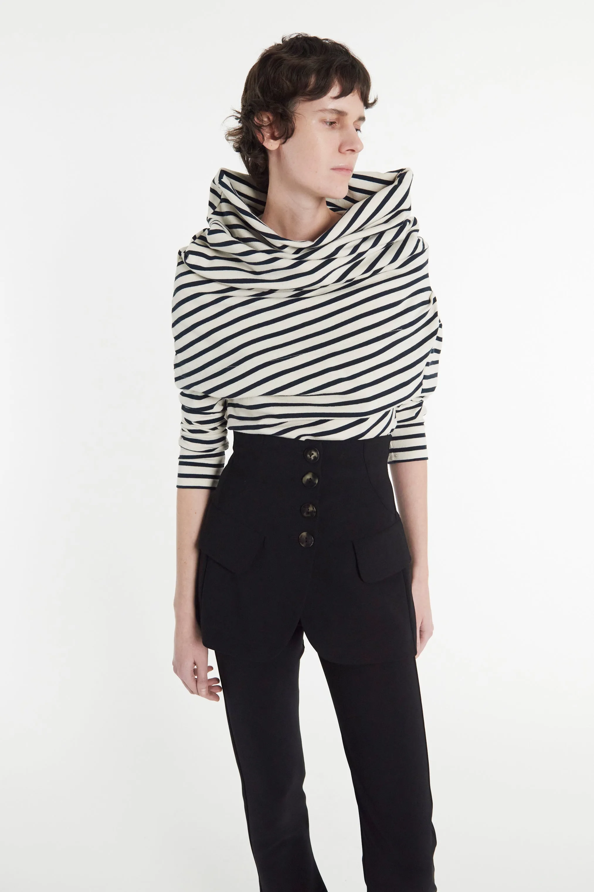 Jersey Cowl Neck Draped Top White Navy Stripe