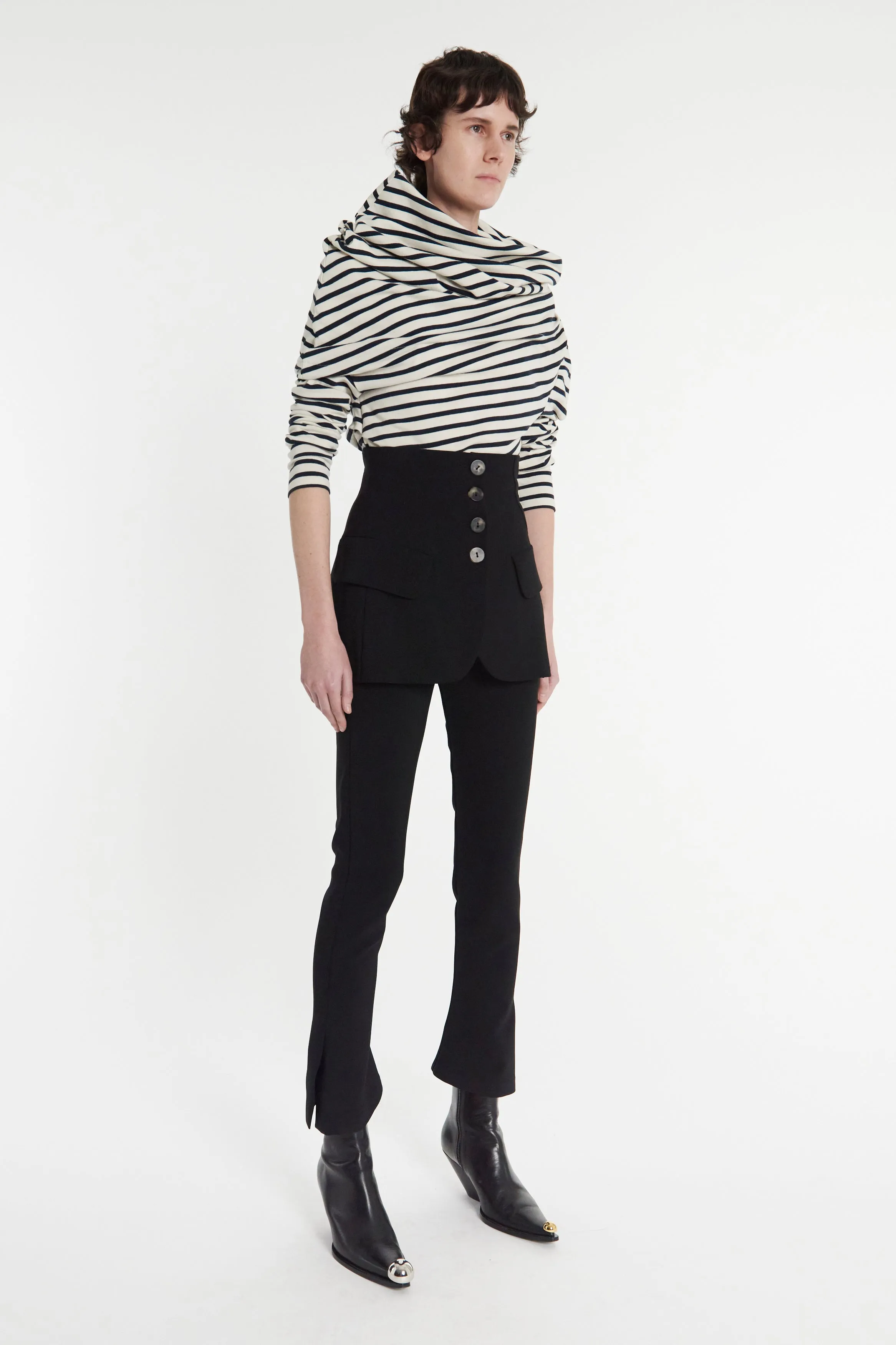Jersey Cowl Neck Draped Top White Navy Stripe