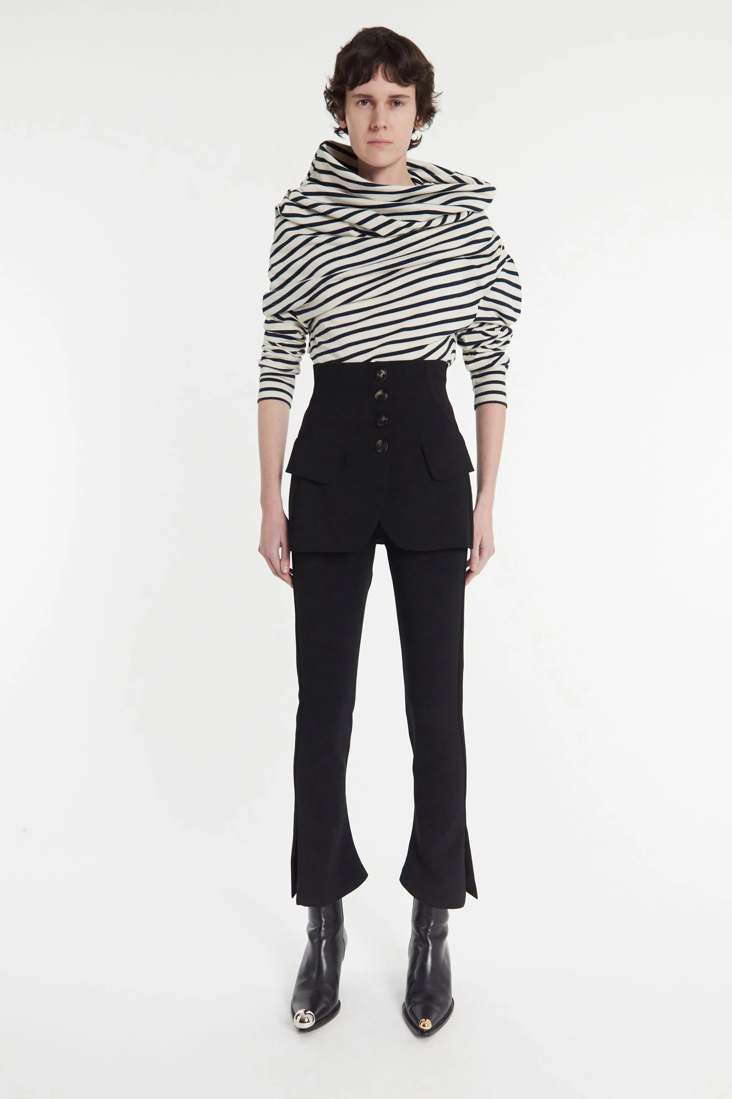 Jersey Cowl Neck Draped Top White Navy Stripe
