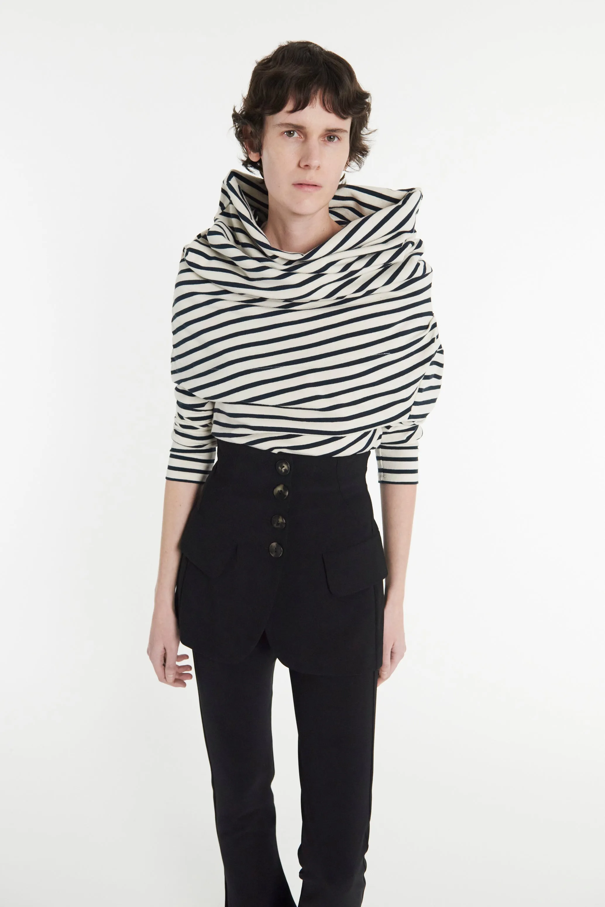Jersey Cowl Neck Draped Top White Navy Stripe