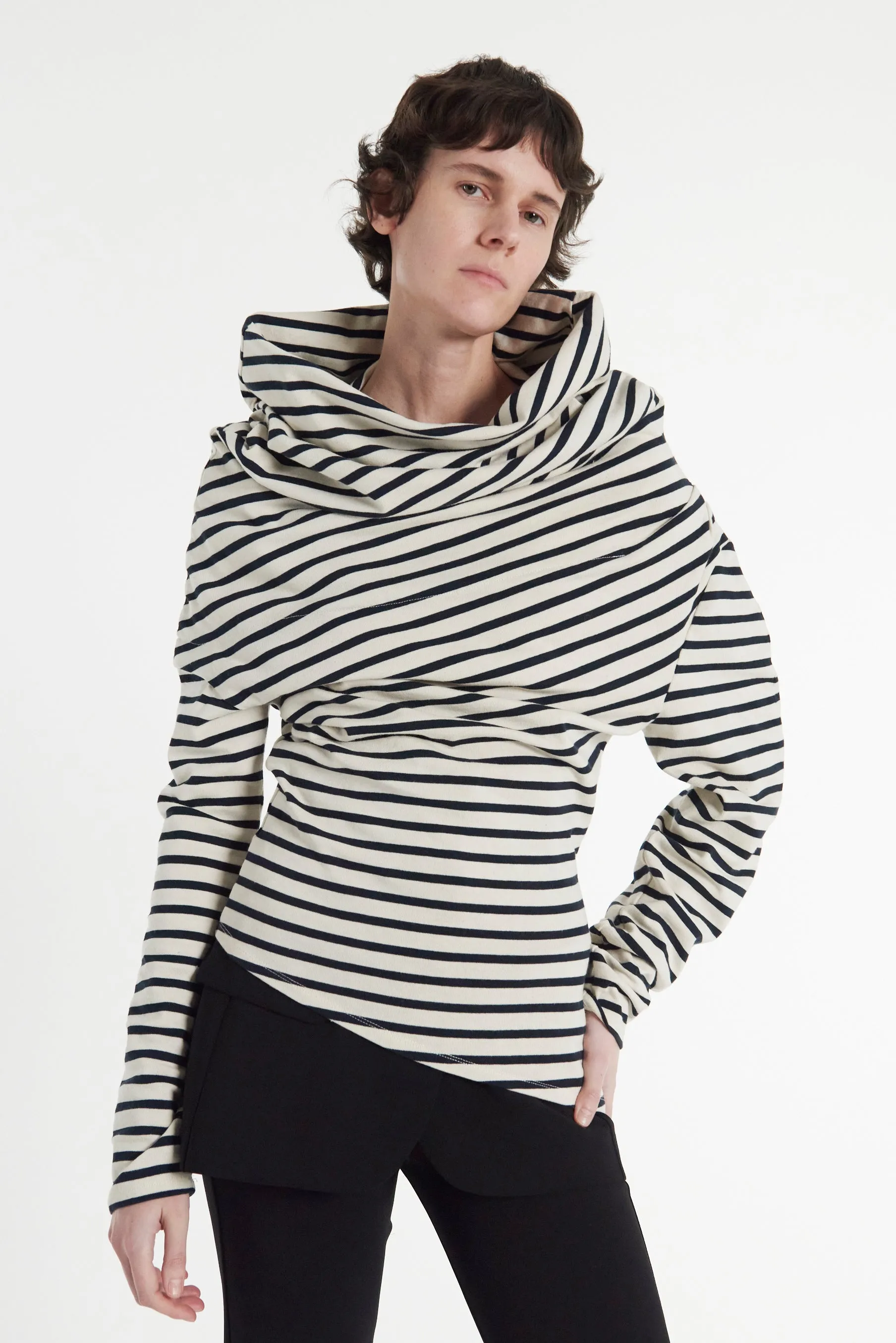 Jersey Cowl Neck Draped Top White Navy Stripe