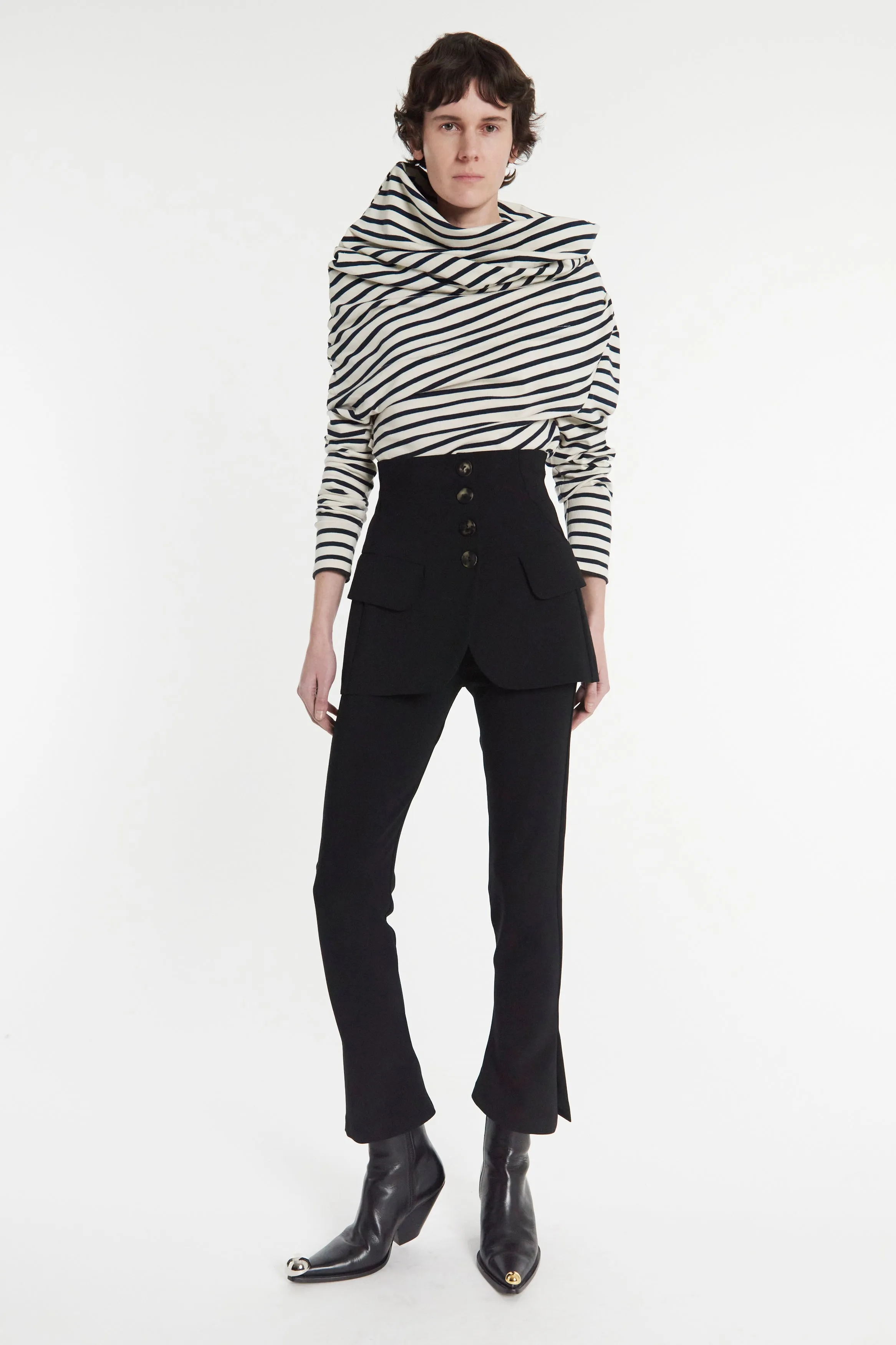 Jersey Cowl Neck Draped Top White Navy Stripe