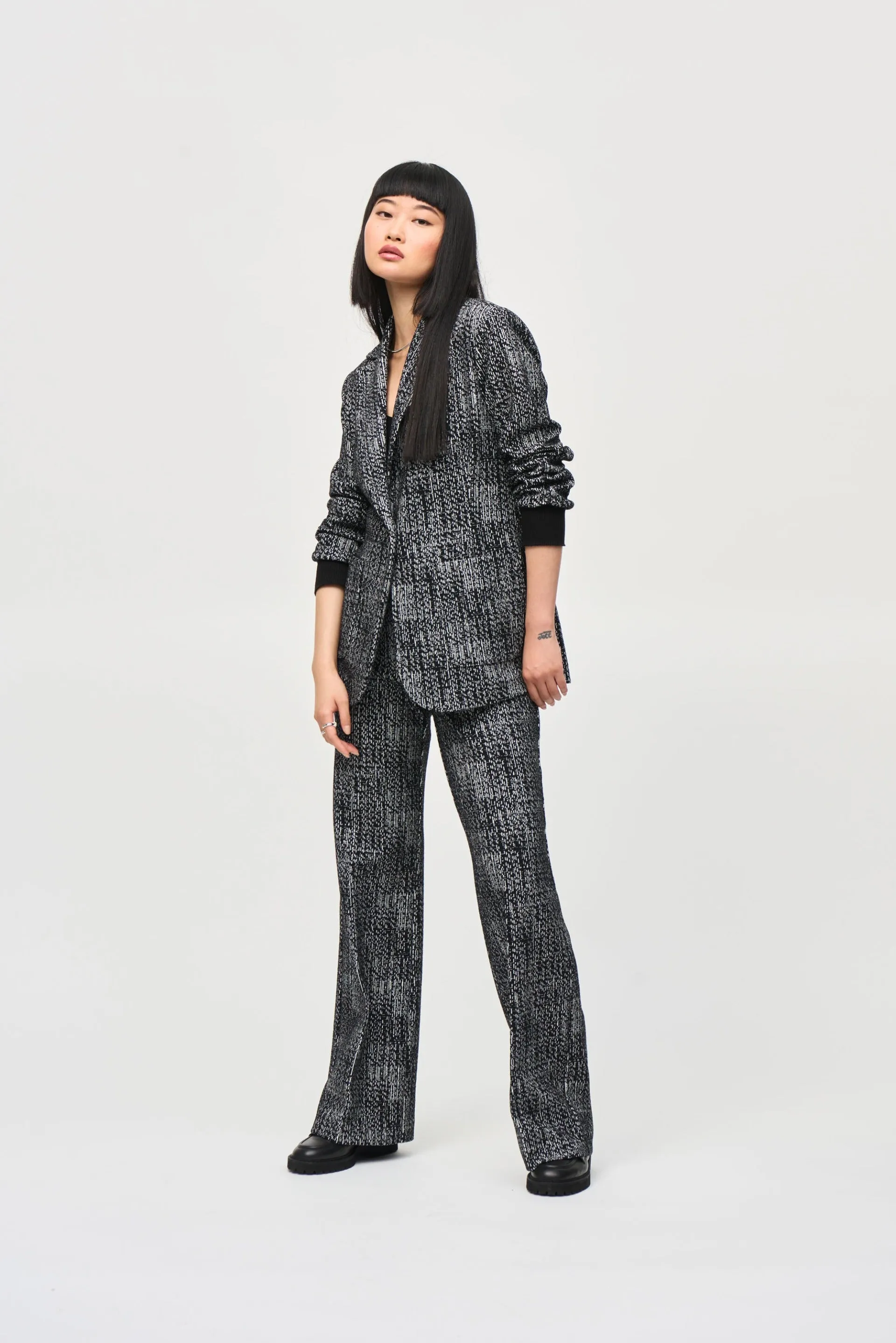 Joseph Ribkoff Black/Off-White Tweed Knit Fitted Blazer Style 243053