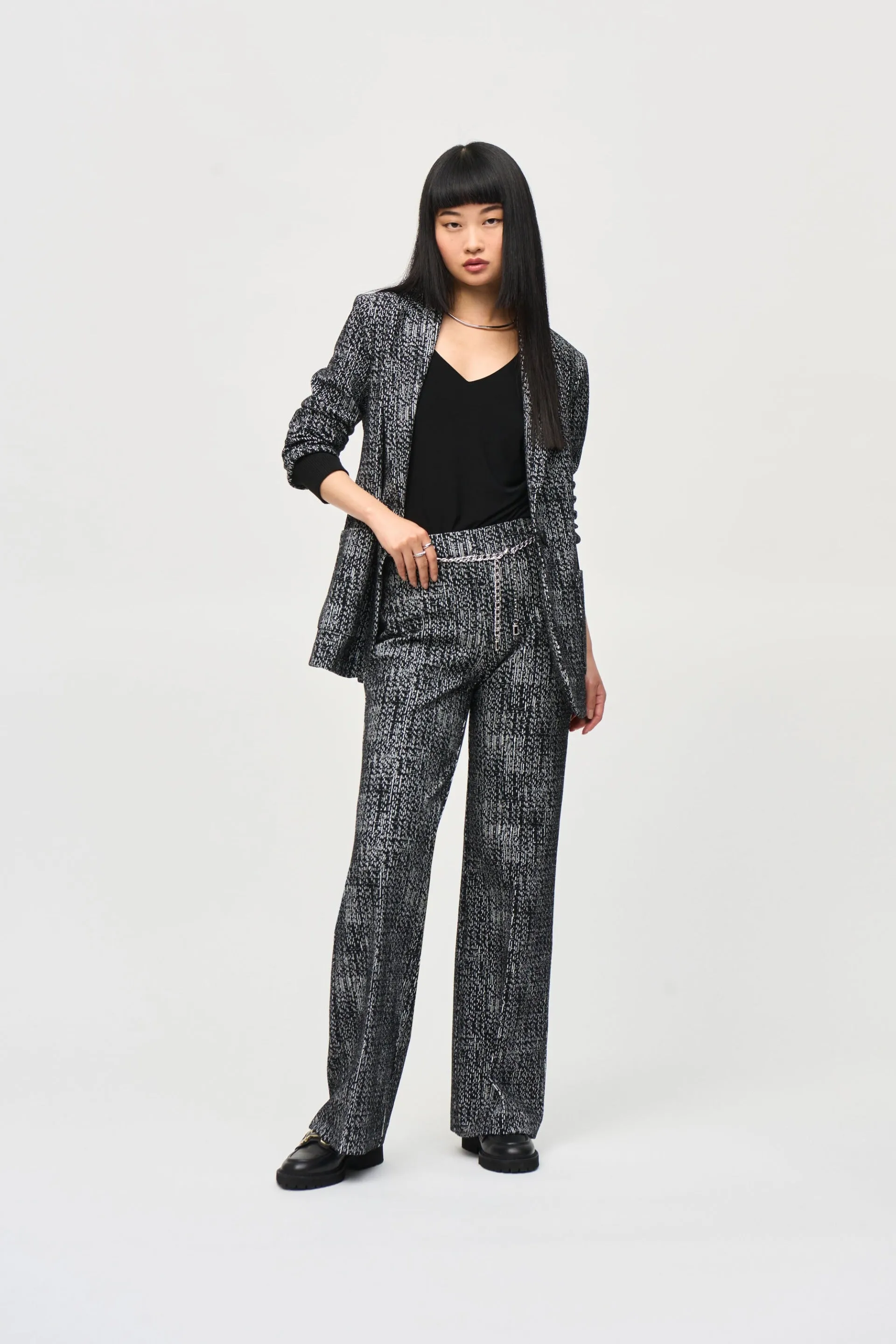 Joseph Ribkoff Black/Off-White Tweed Knit Fitted Blazer Style 243053