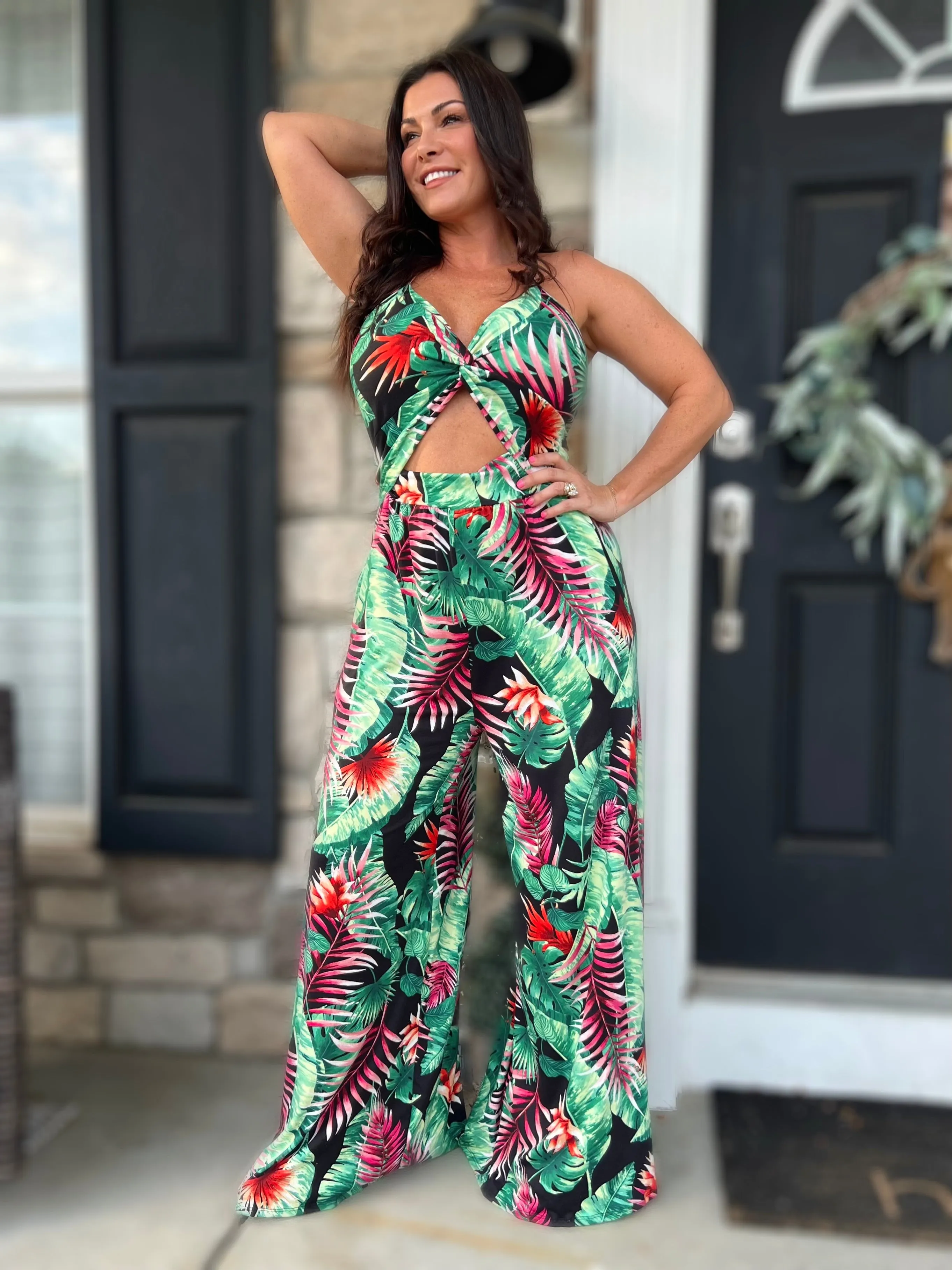 Knotted Tank Jumpsuit- Tropical Black