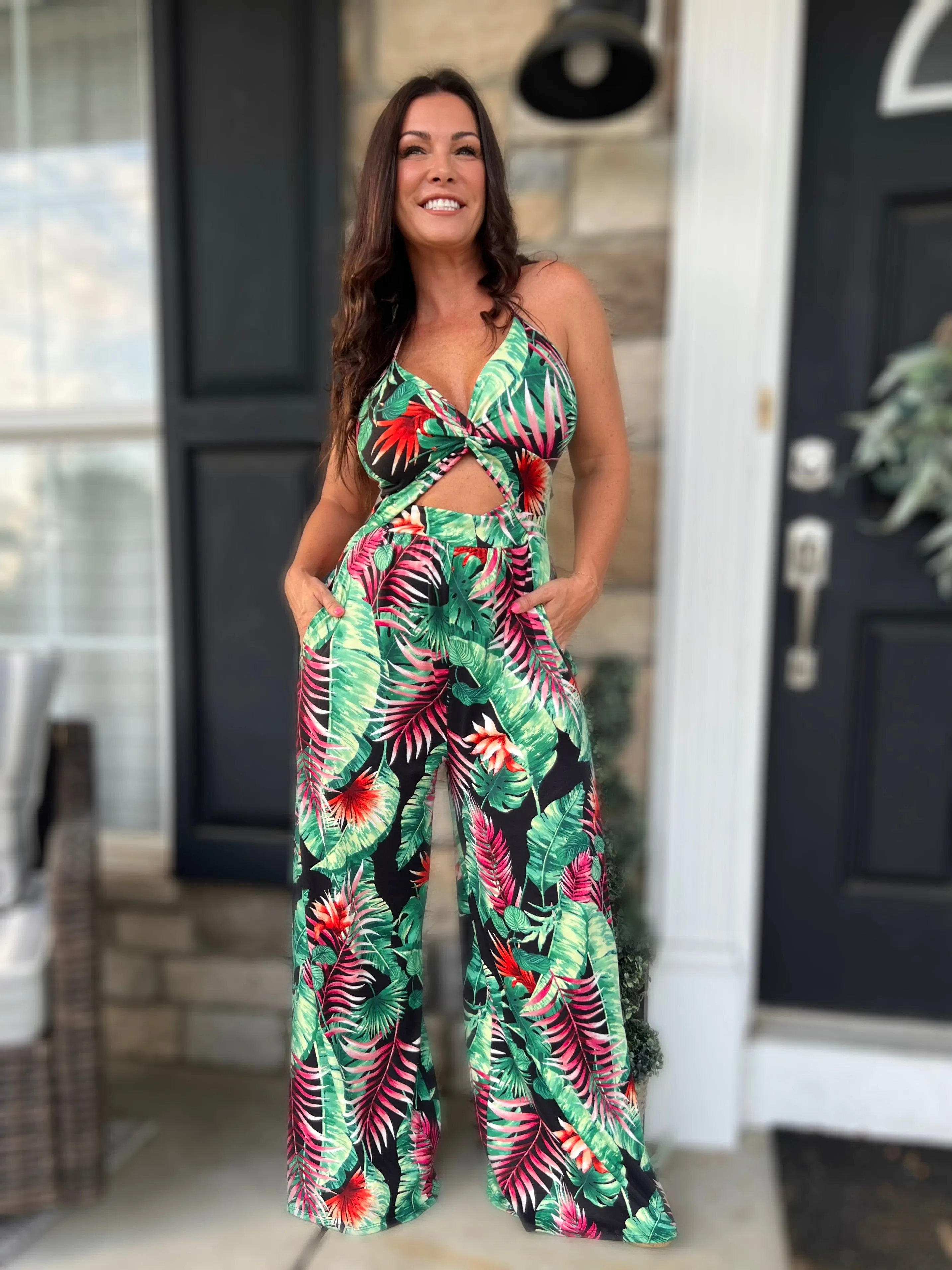Knotted Tank Jumpsuit- Tropical Black