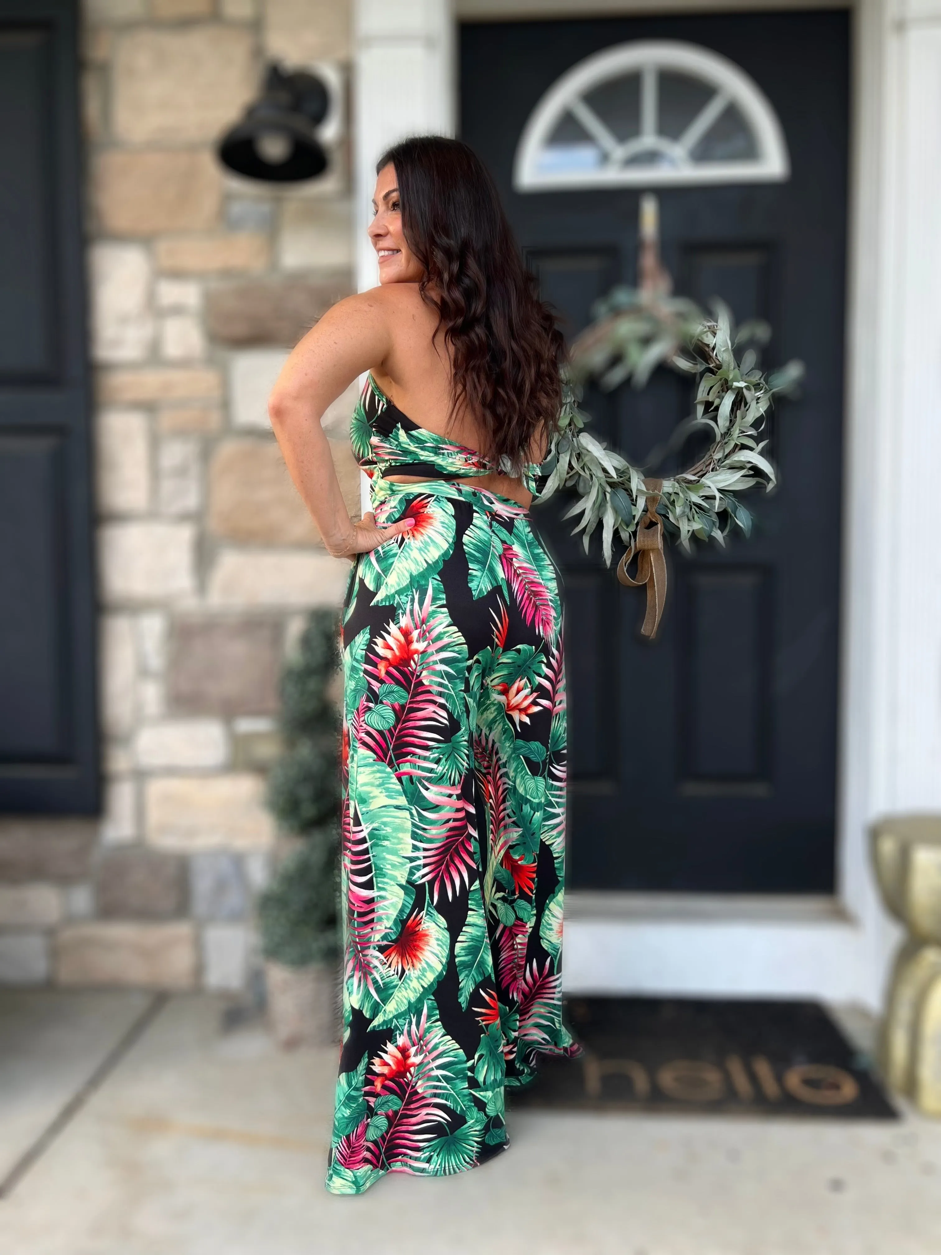 Knotted Tank Jumpsuit- Tropical Black