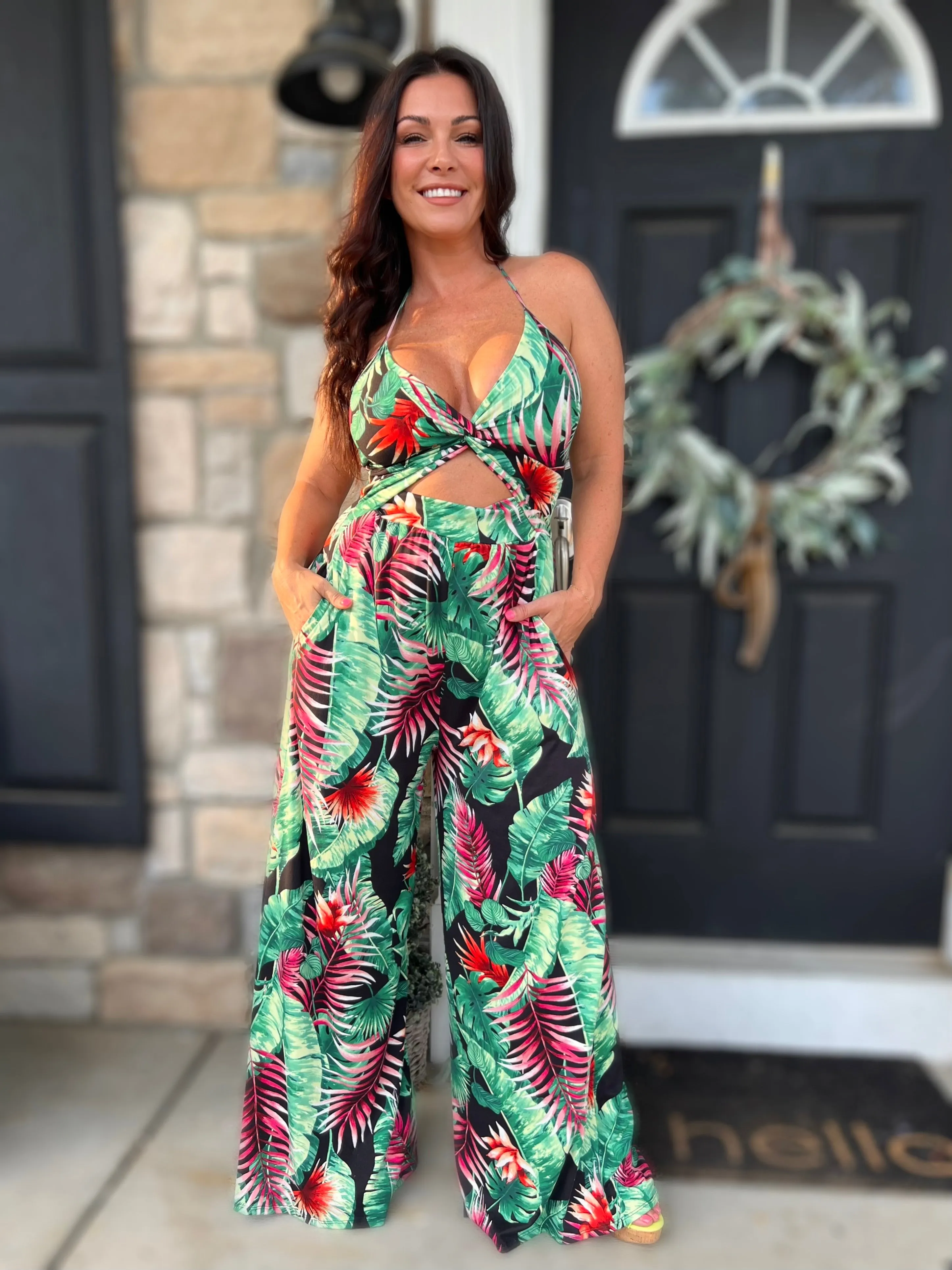 Knotted Tank Jumpsuit- Tropical Black