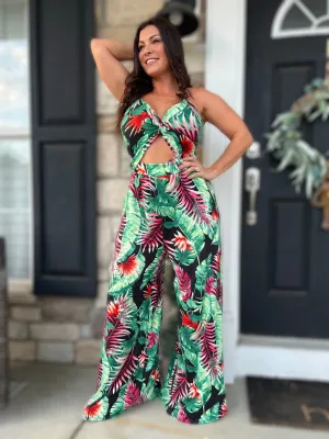 Knotted Tank Jumpsuit- Tropical Black