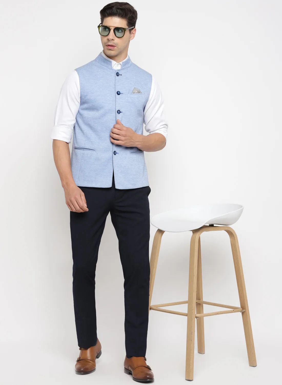Light Blue Knit Solid Nehru Jacket