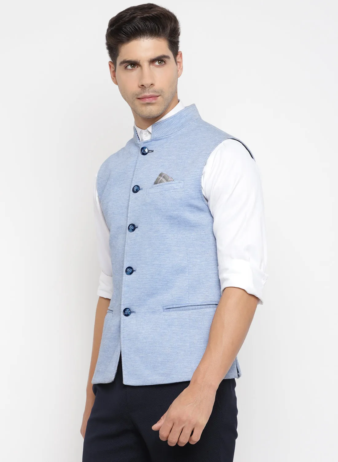 Light Blue Knit Solid Nehru Jacket