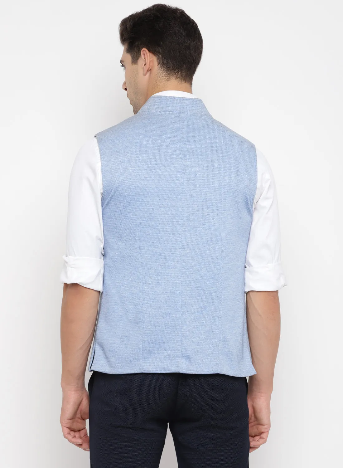 Light Blue Knit Solid Nehru Jacket