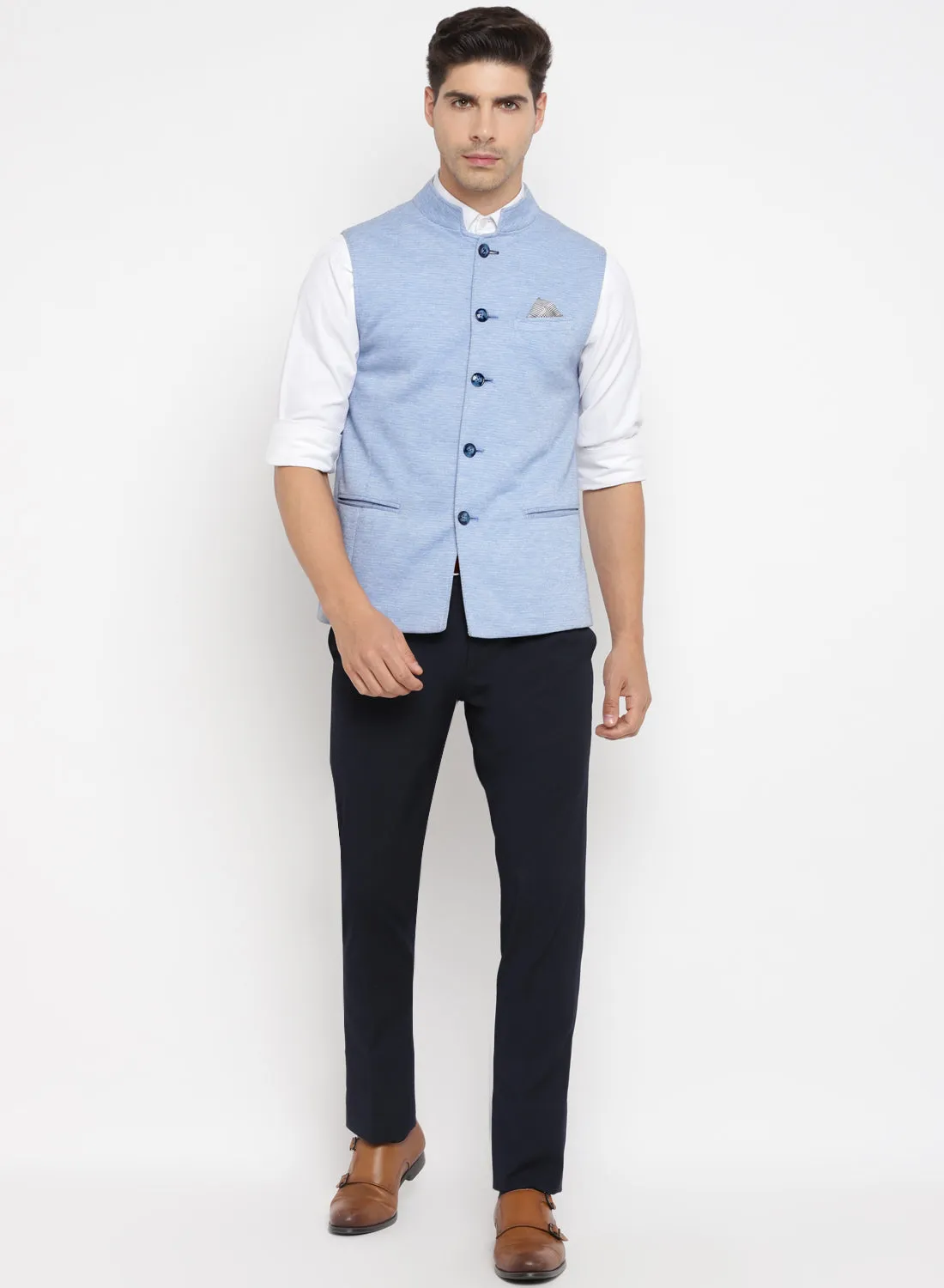 Light Blue Knit Solid Nehru Jacket