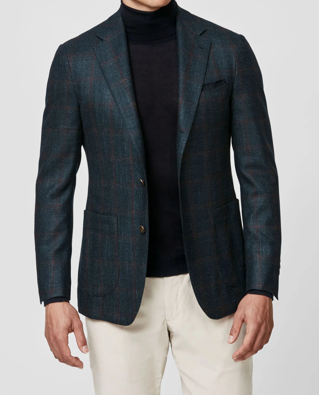 Loro Piana Dark Green Sharkskin Wool, Silk & Cashmere with Dark Brown Windowpane