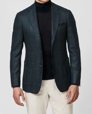 Loro Piana Dark Green Sharkskin Wool, Silk & Cashmere with Dark Brown Windowpane