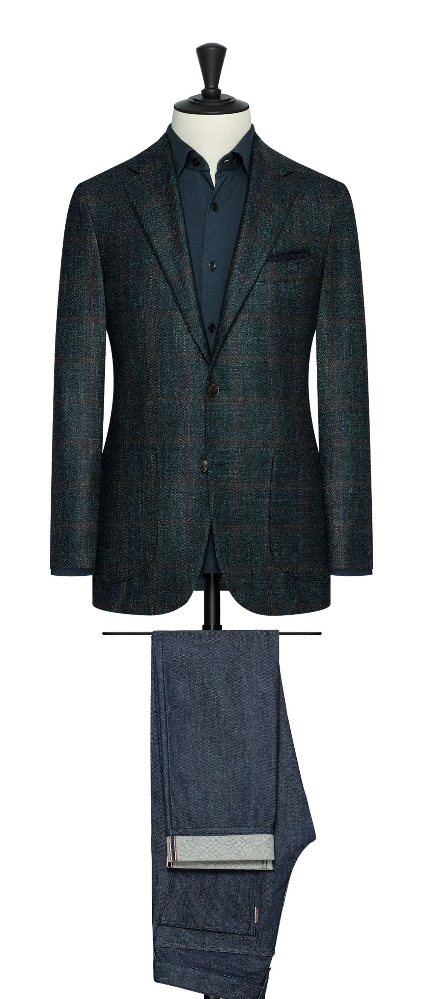 Loro Piana Dark Green Sharkskin Wool, Silk & Cashmere with Dark Brown Windowpane