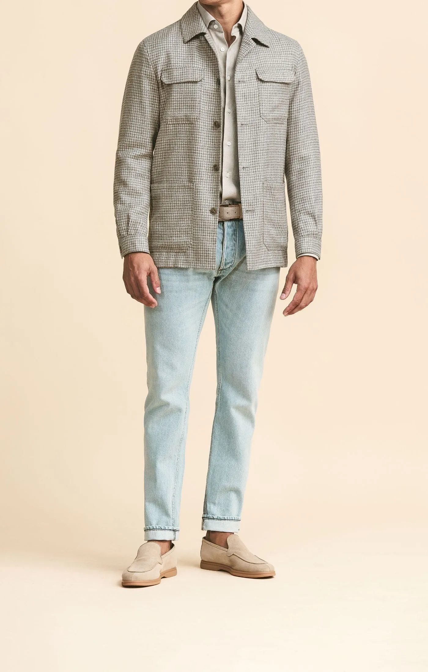 Loro Piana SUMMERTIME Light Grey & Taupe Wool, Silk & Linen Houndstooth