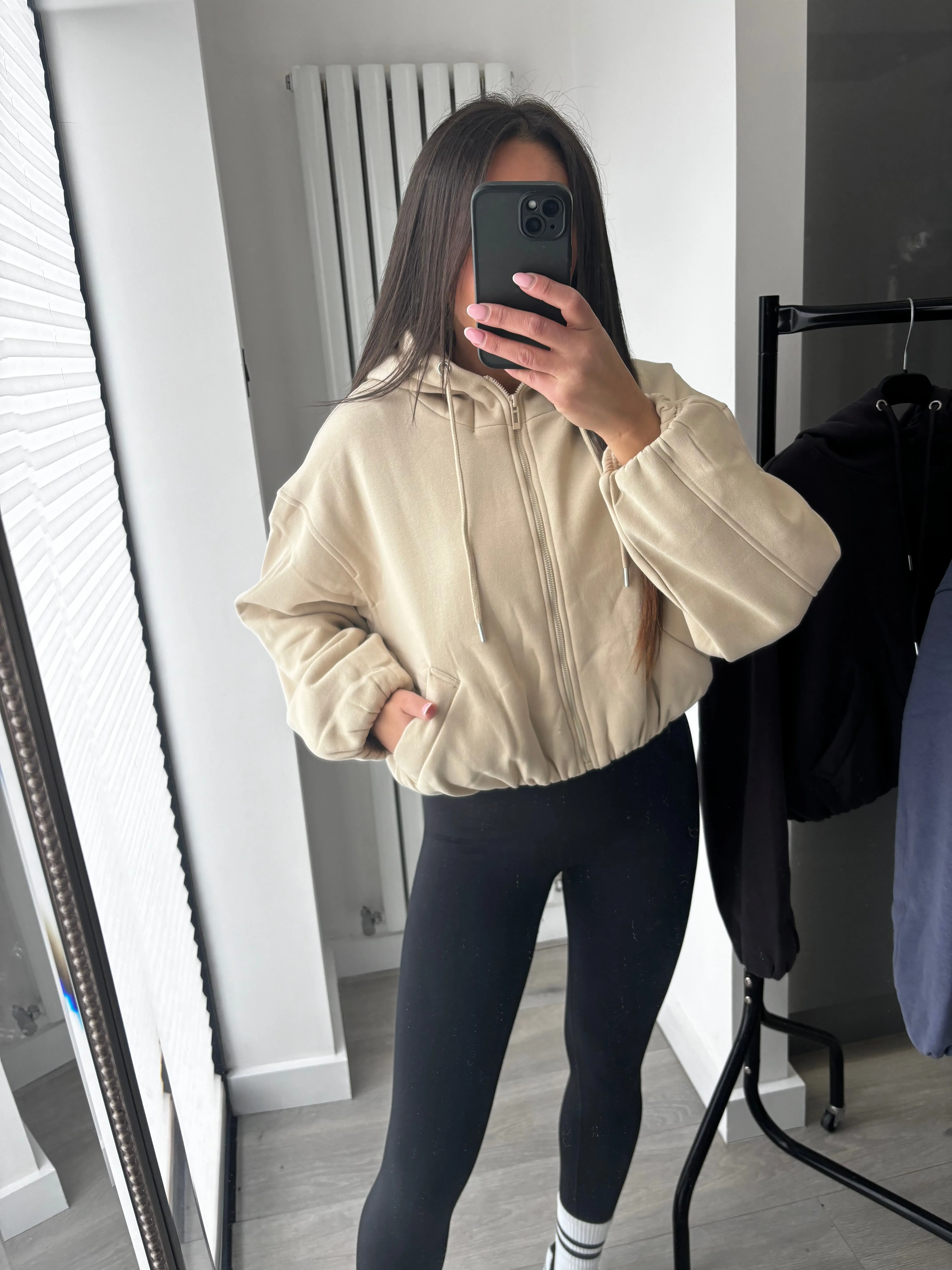 Marisa bomber style cropped zip up hooded jacket - beige