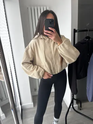 Marisa bomber style cropped zip up hooded jacket - beige