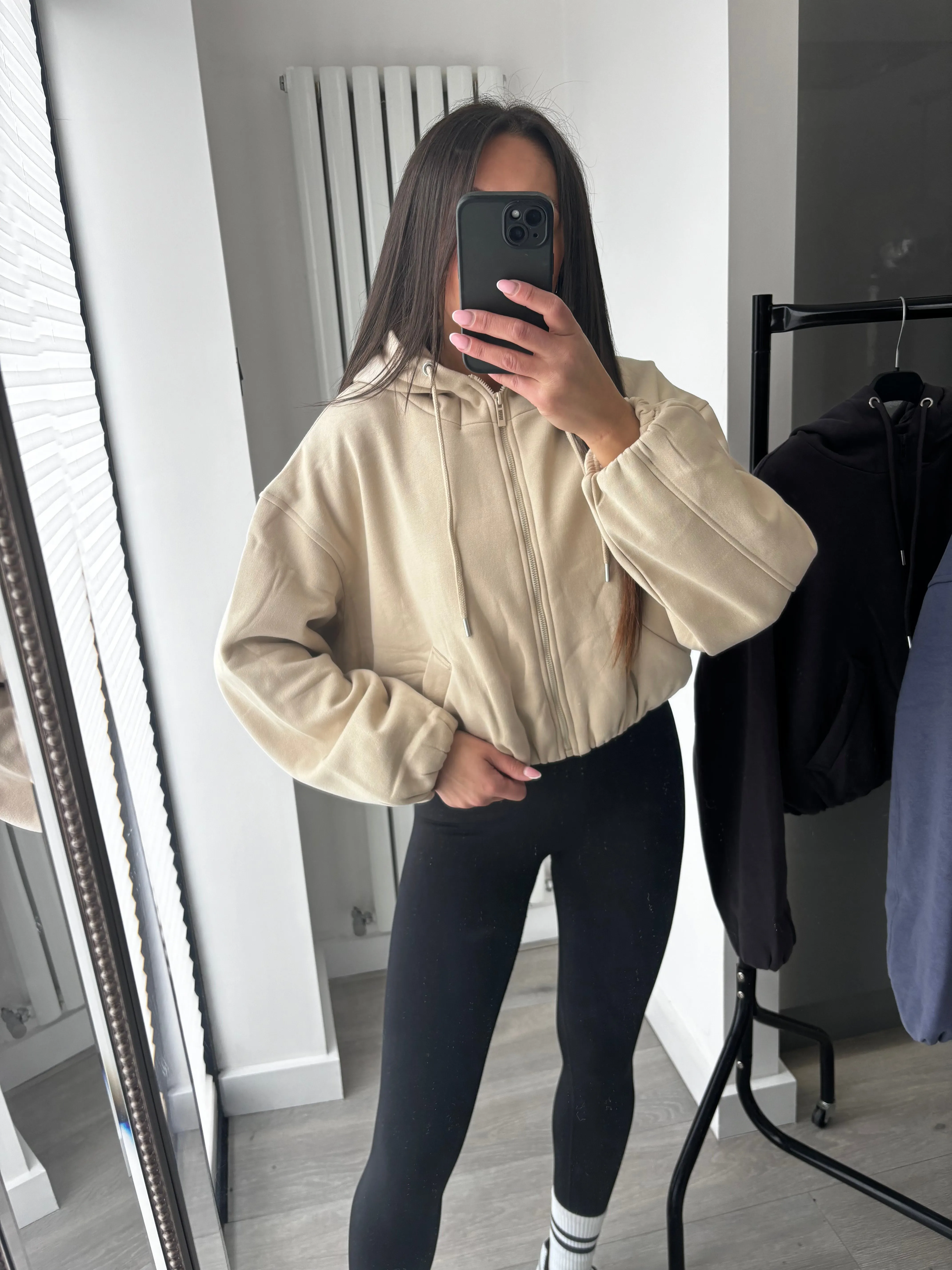 Marisa bomber style cropped zip up hooded jacket - beige