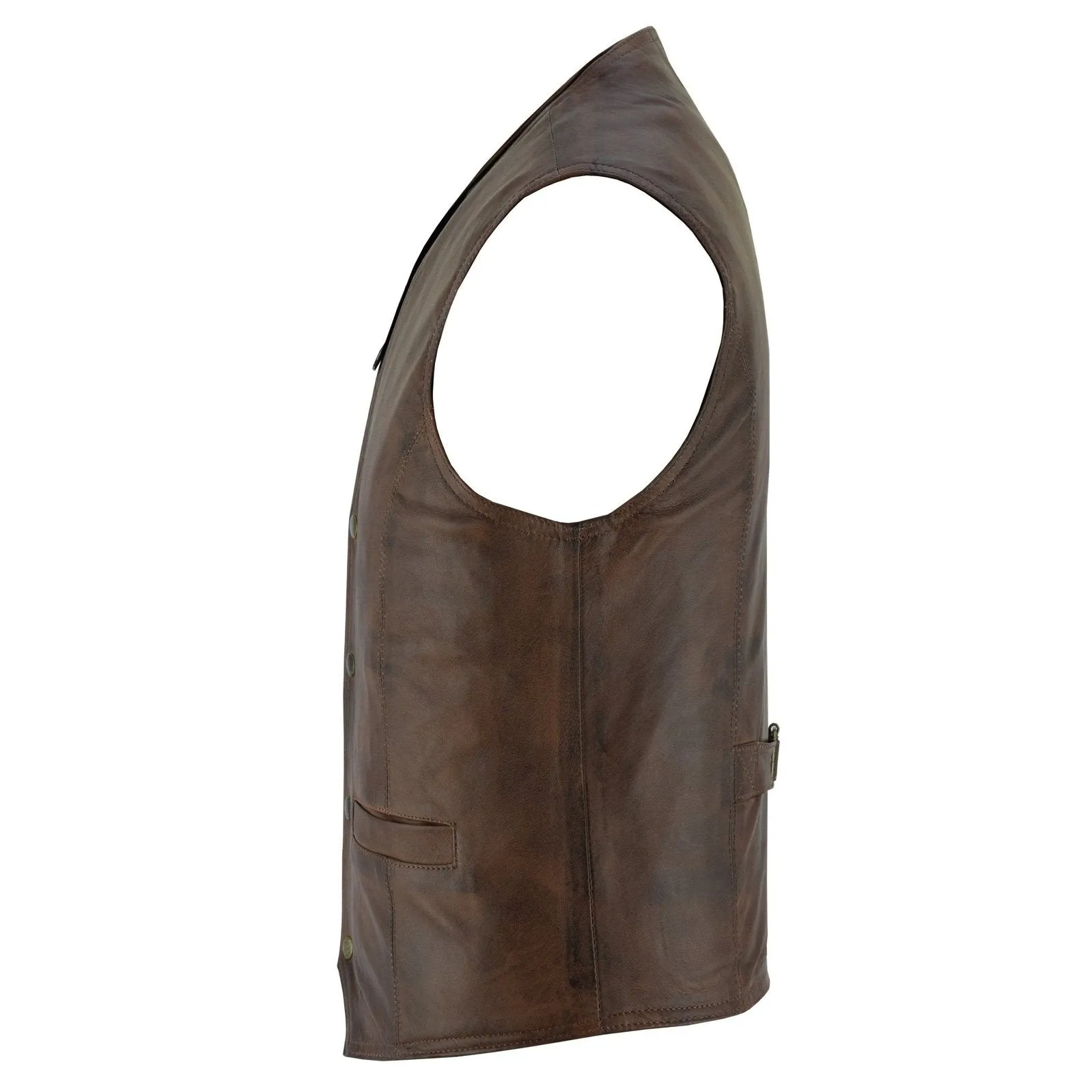 Mens Brown Leather Waistcoat Vest with Snap Button