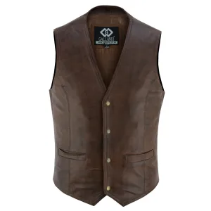 Mens Brown Leather Waistcoat Vest with Snap Button
