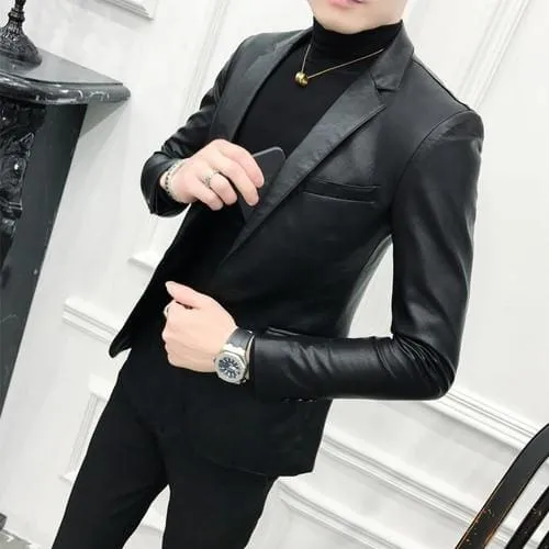 Men's Imitation Leather Business Casual Slim Solid Color Leather Jacket