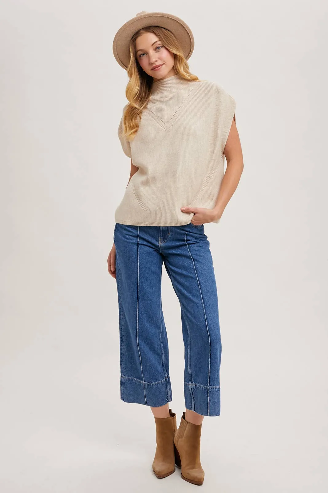 MOCK NECK DOLMAN SHORT SLEEVE KNIT SWEATER