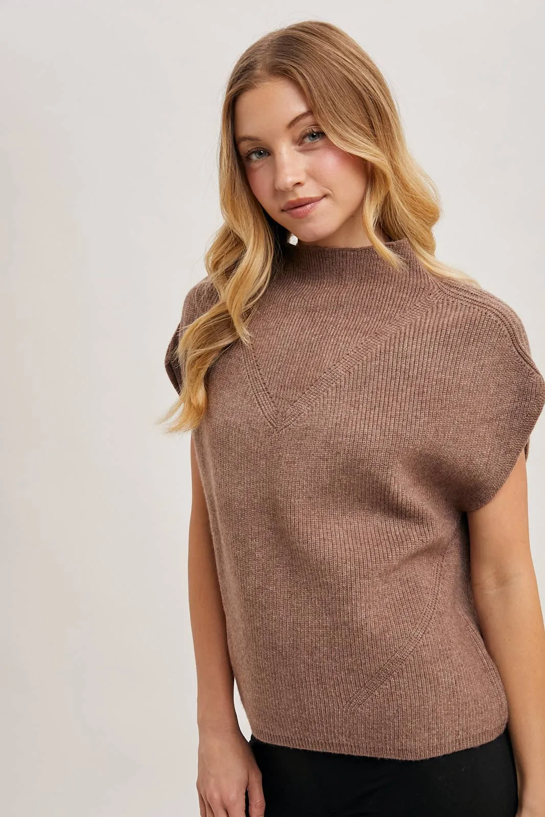 MOCK NECK DOLMAN SHORT SLEEVE KNIT SWEATER