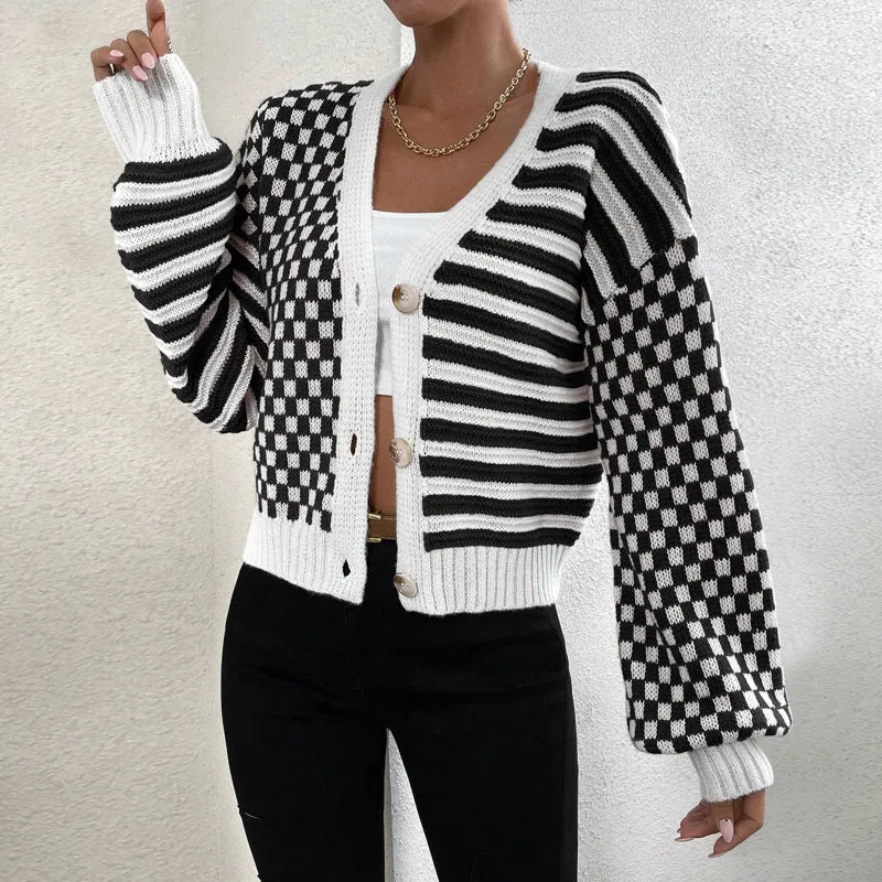 Modern Chic Plaid and Stripe Knit Button-Up Cardigan
