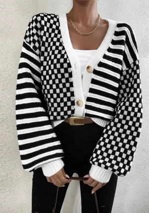 Modern Chic Plaid and Stripe Knit Button-Up Cardigan