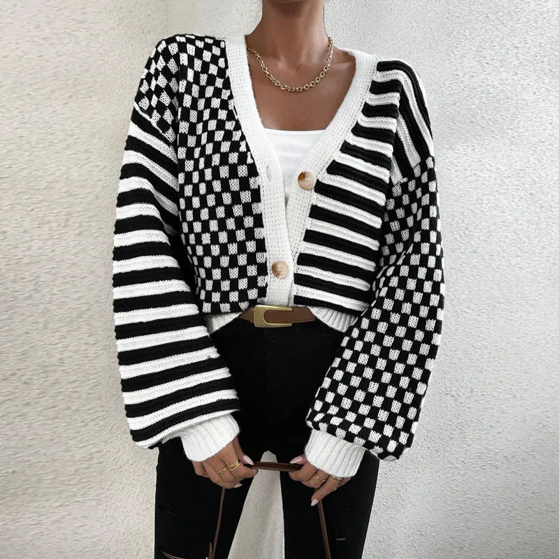 Modern Chic Plaid and Stripe Knit Button-Up Cardigan