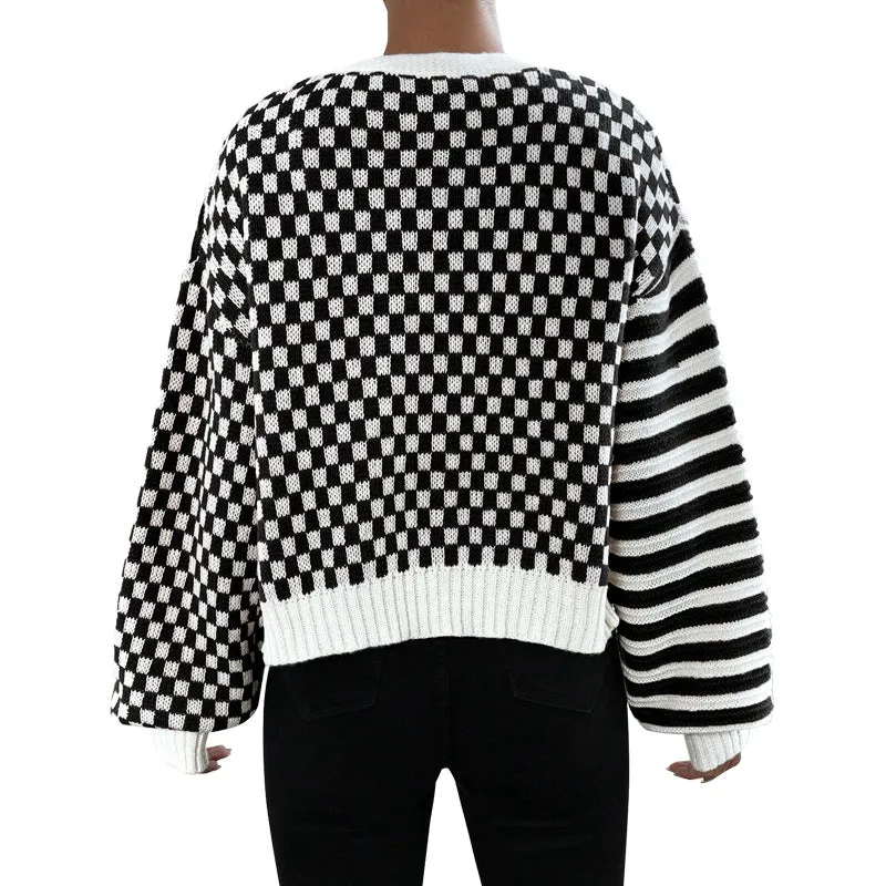 Modern Chic Plaid and Stripe Knit Button-Up Cardigan