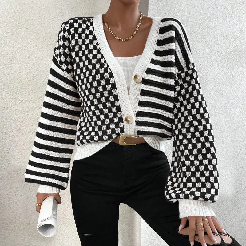 Modern Chic Plaid and Stripe Knit Button-Up Cardigan