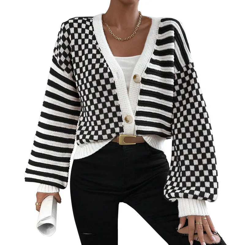 Modern Chic Plaid and Stripe Knit Button-Up Cardigan