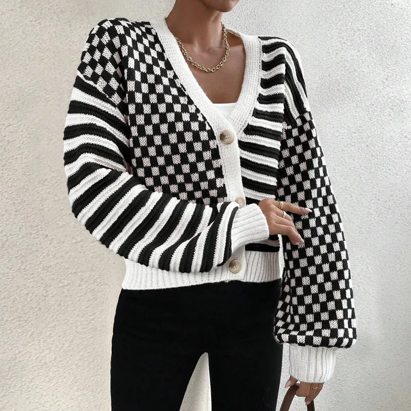 Modern Chic Plaid and Stripe Knit Button-Up Cardigan