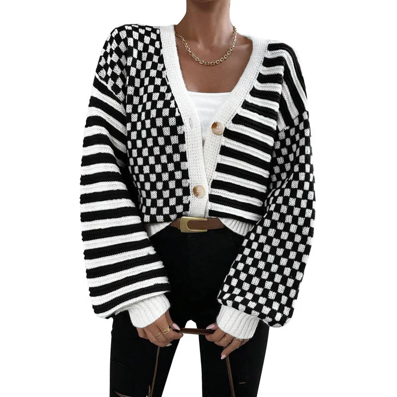 Modern Chic Plaid and Stripe Knit Button-Up Cardigan