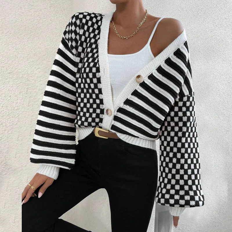 Modern Chic Plaid and Stripe Knit Button-Up Cardigan