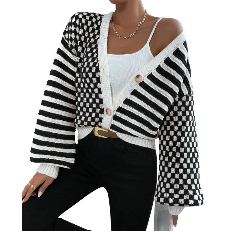 Modern Chic Plaid and Stripe Knit Button-Up Cardigan