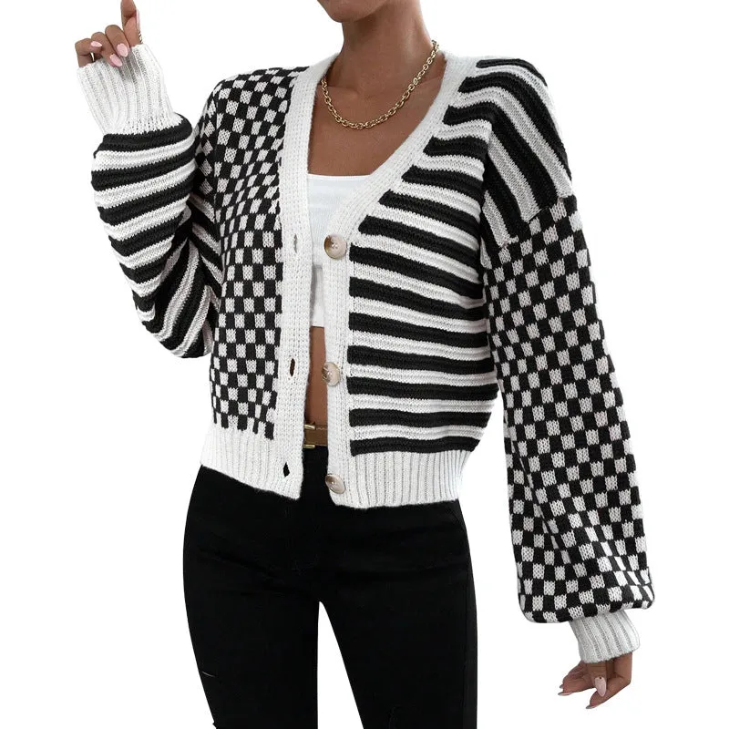 Modern Chic Plaid and Stripe Knit Button-Up Cardigan