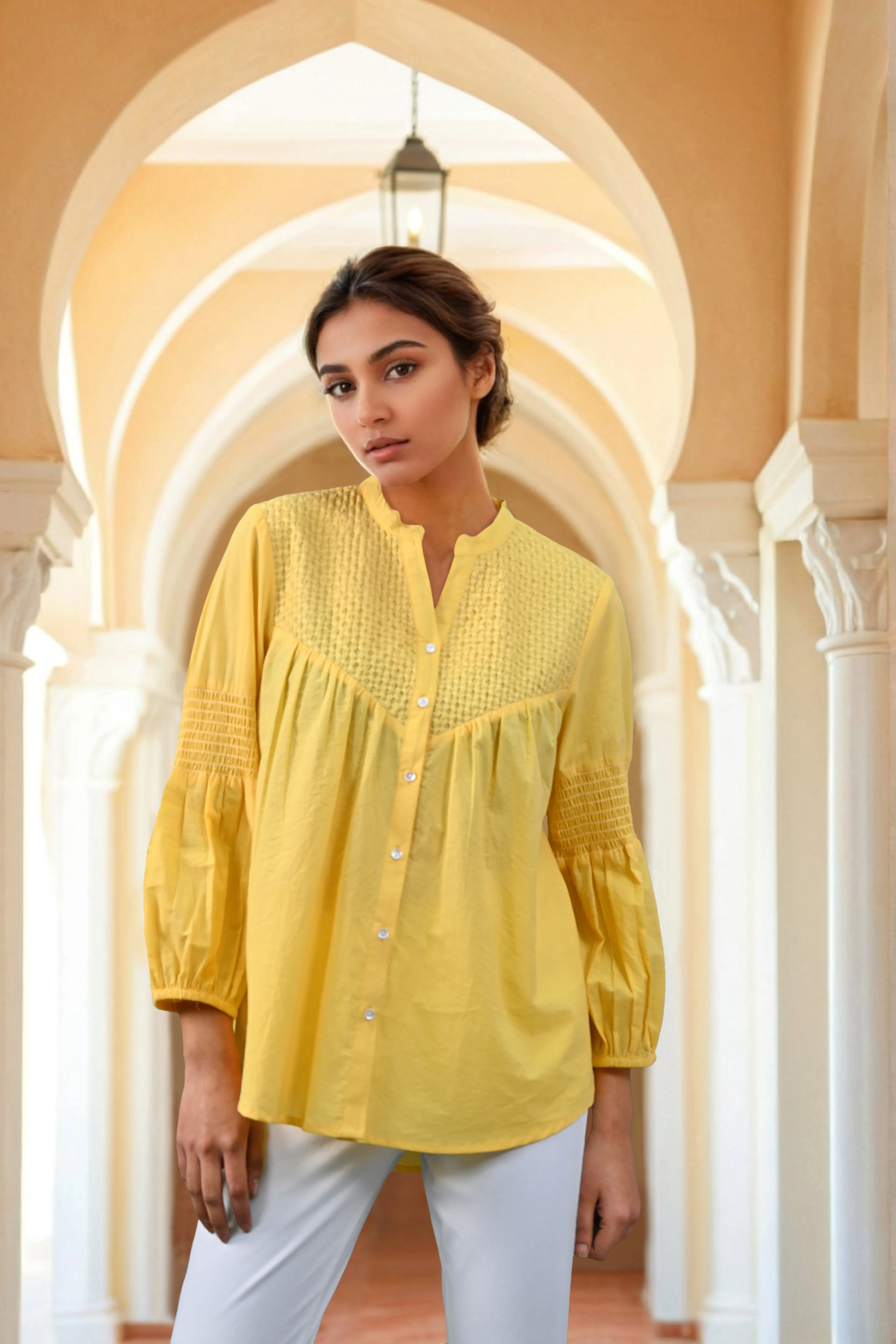 Mustard Embroidered Cotton Top with Closed Neck