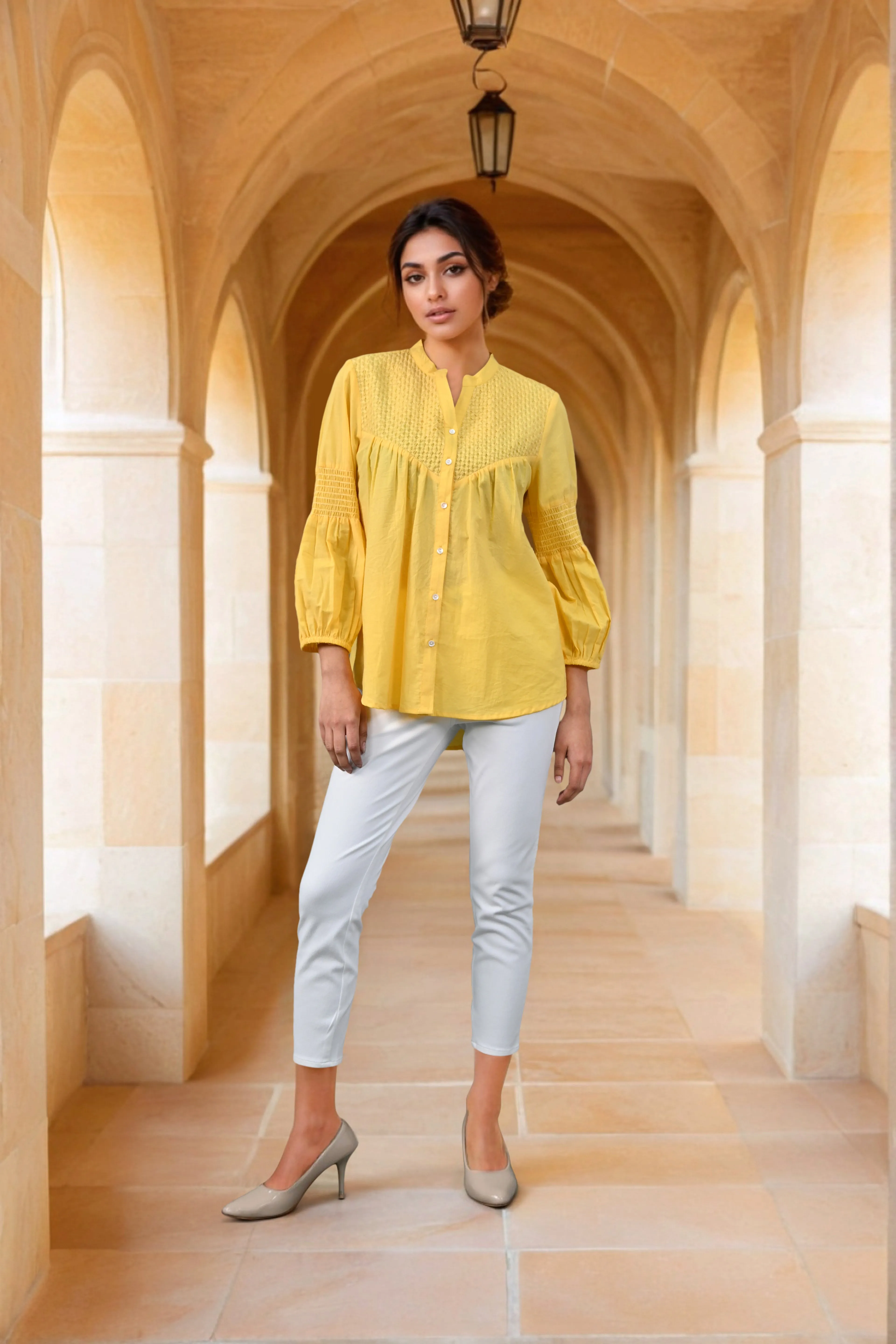 Mustard Embroidered Cotton Top with Closed Neck