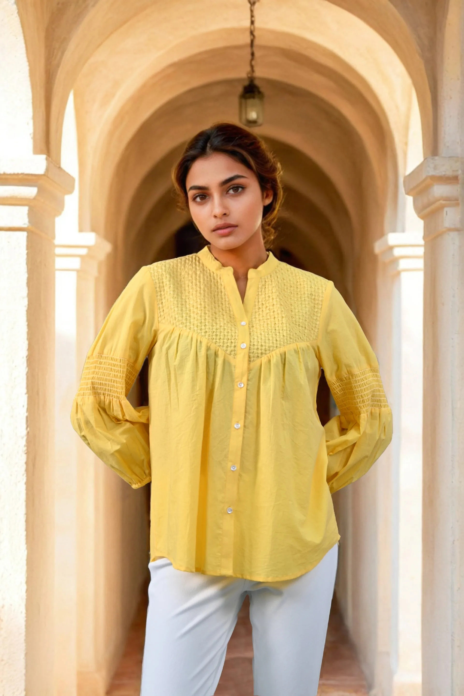 Mustard Embroidered Cotton Top with Closed Neck