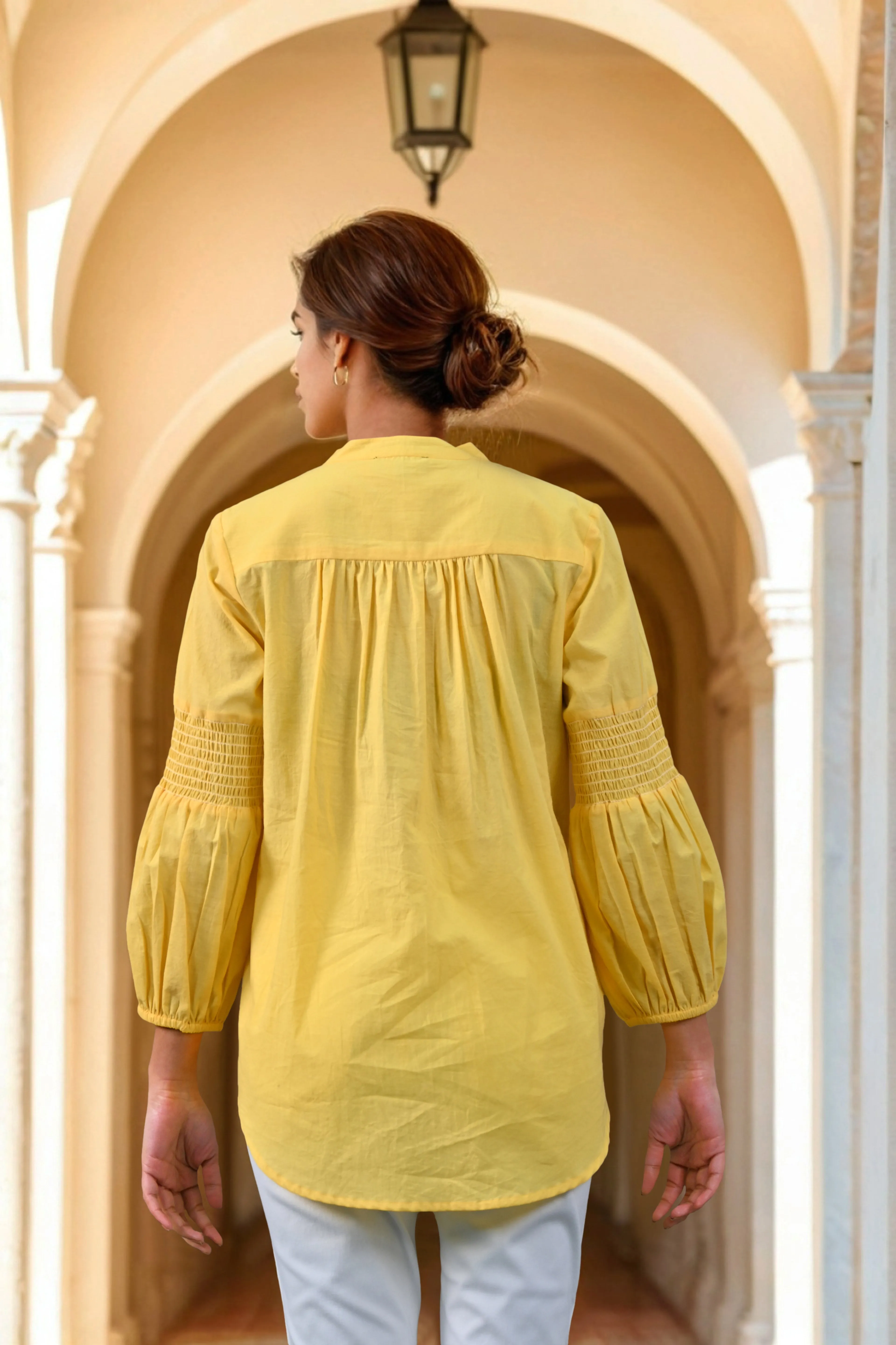 Mustard Embroidered Cotton Top with Closed Neck