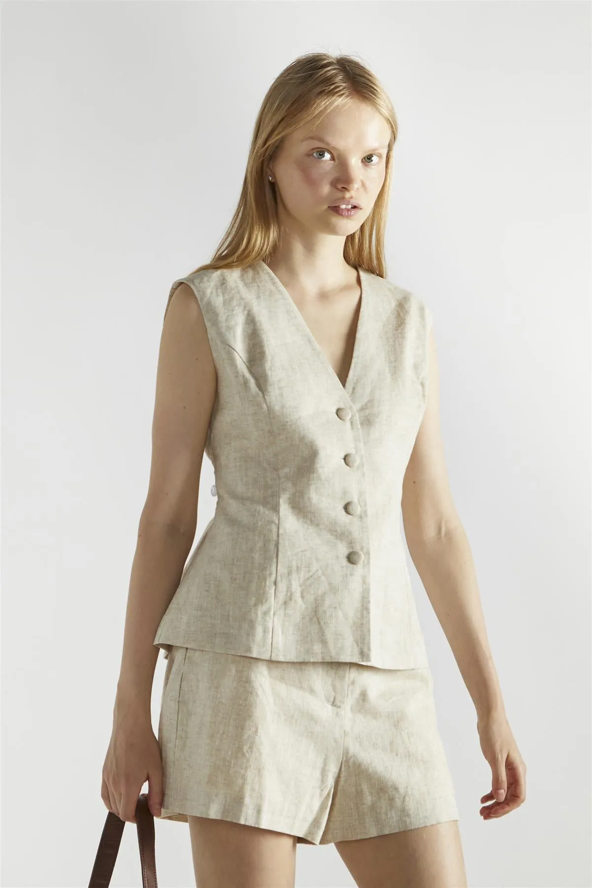 Natural Sleeveless Button Front Vest-Top
