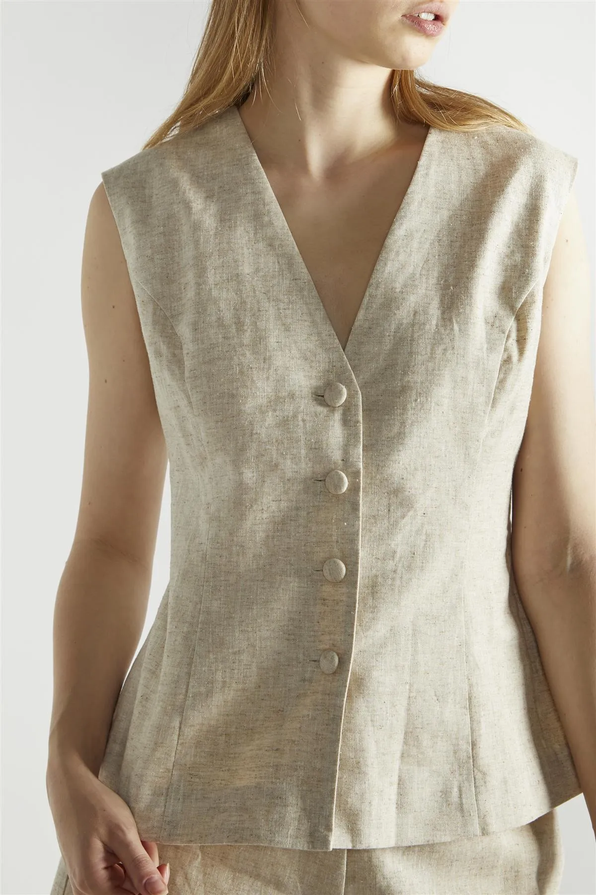 Natural Sleeveless Button Front Vest-Top